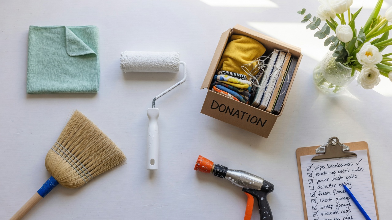 Organized flat-lay showing a weekend home preparation checklist with cleaning supplies, paint roller, and donation box