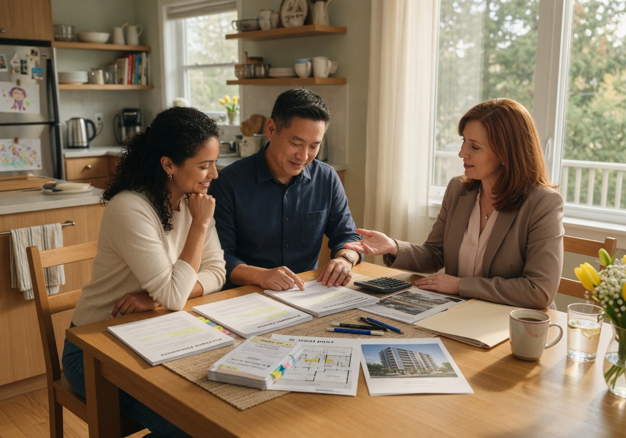 Couple reviewing condominium documents at a table with a real estate professional