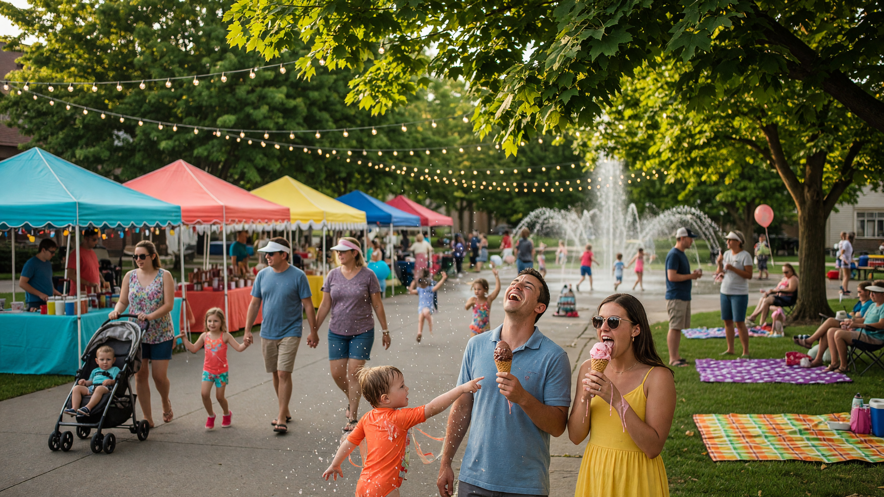 A vibrant summer community festival with colorful vendor tents, families walking, and green lawn areas
