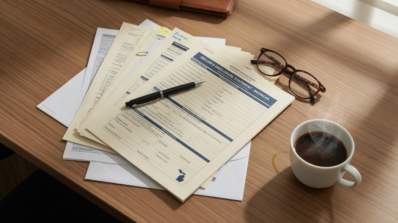 Professional reviewing real estate disclosure documents at a well-organized desk