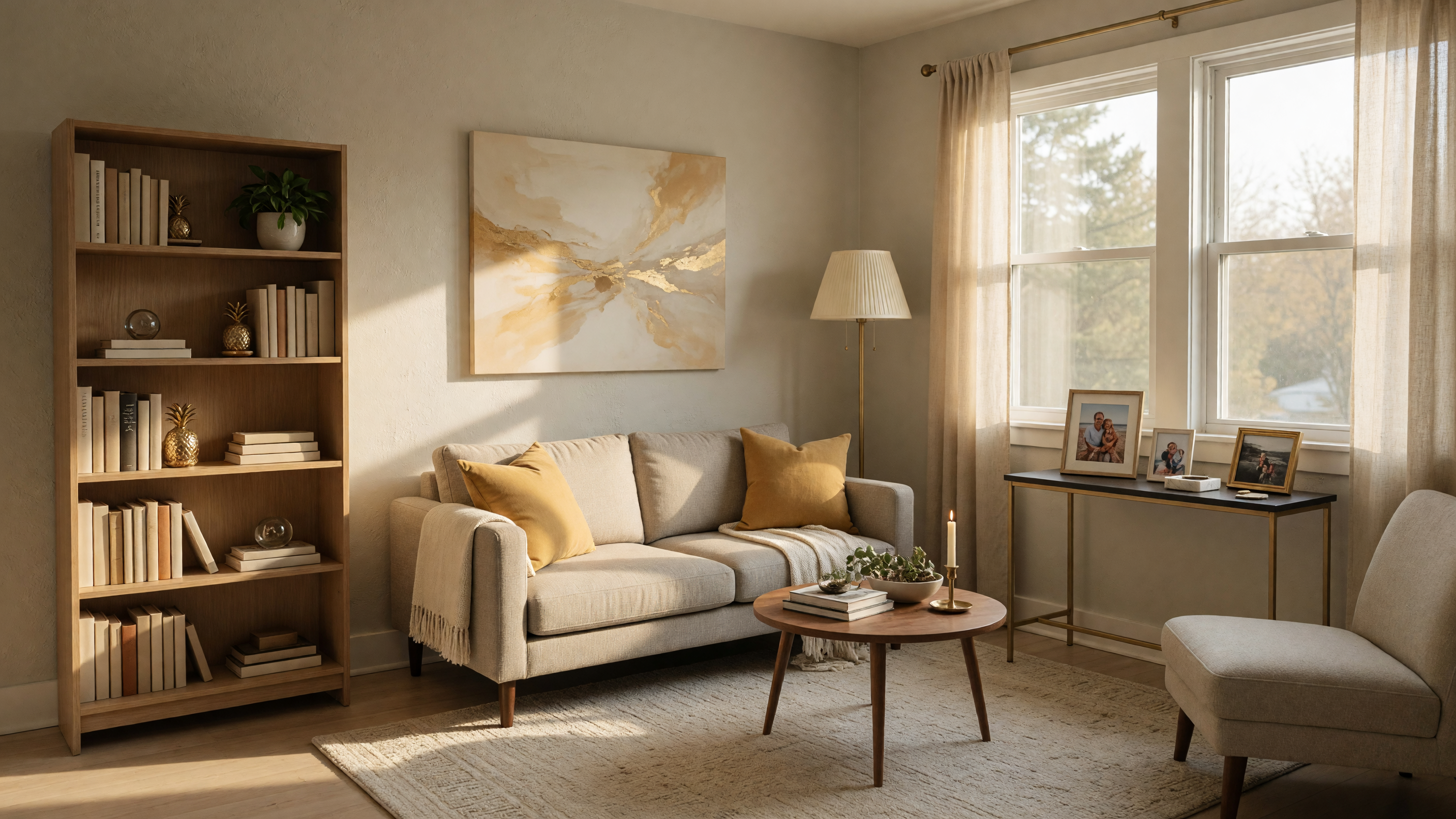 A cozy, beautifully organized smaller home interior with warm natural light and minimalist decor