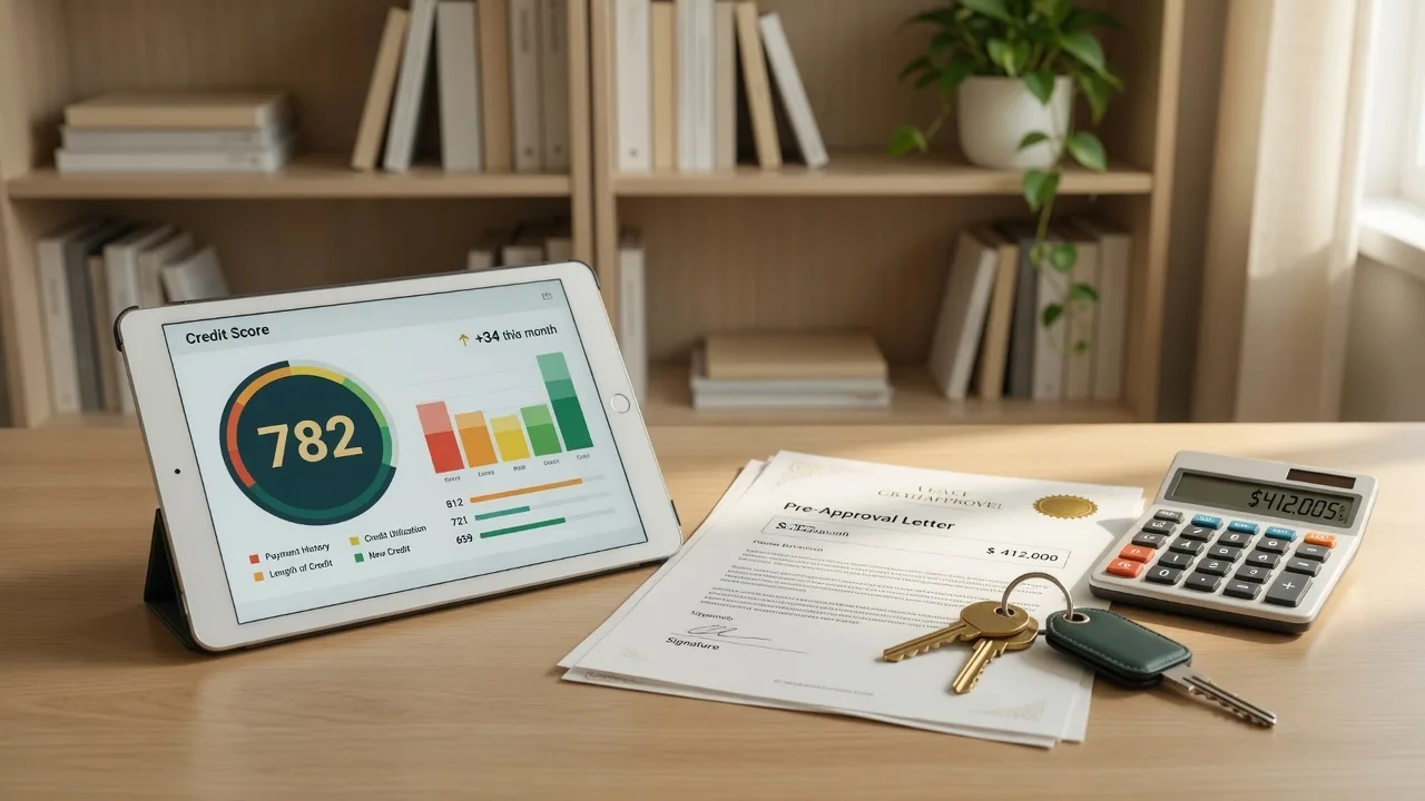 Credit score dashboard on a tablet next to mortgage documents and house keys