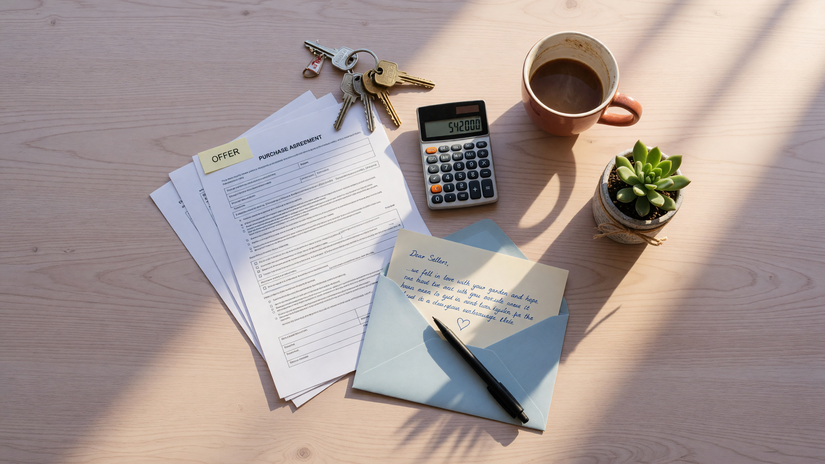 Real estate offer strategy with purchase agreement, calculator, house keys, and handwritten letter