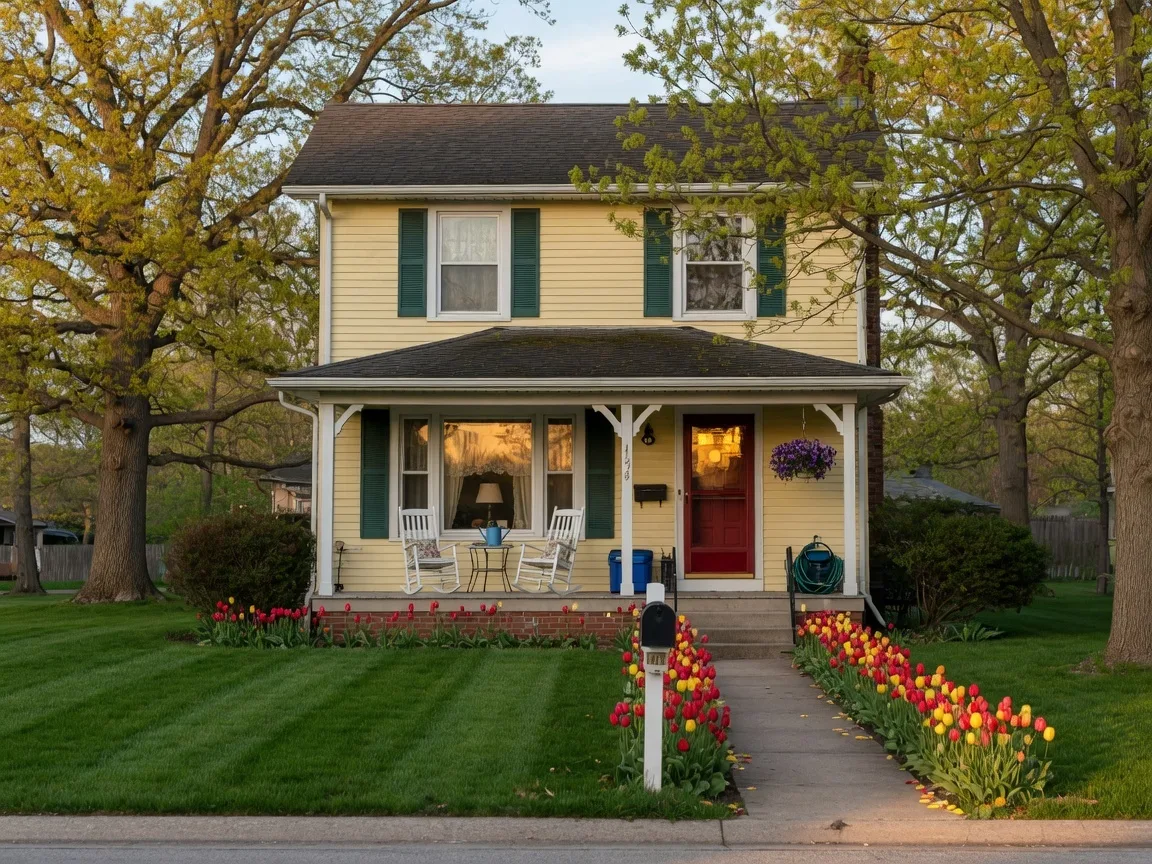 A couple standing in the doorway of their new low-maintenance ranch-style home in a Midwestern community