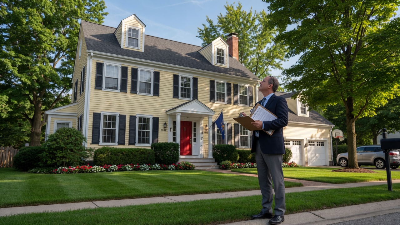 A real estate appraiser evaluating a suburban home on a sunny day with clipboard in hand