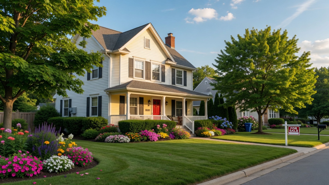 Beautiful Mid-Michigan home exterior on a sunny summer day with lush landscaping and a welcoming front entrance