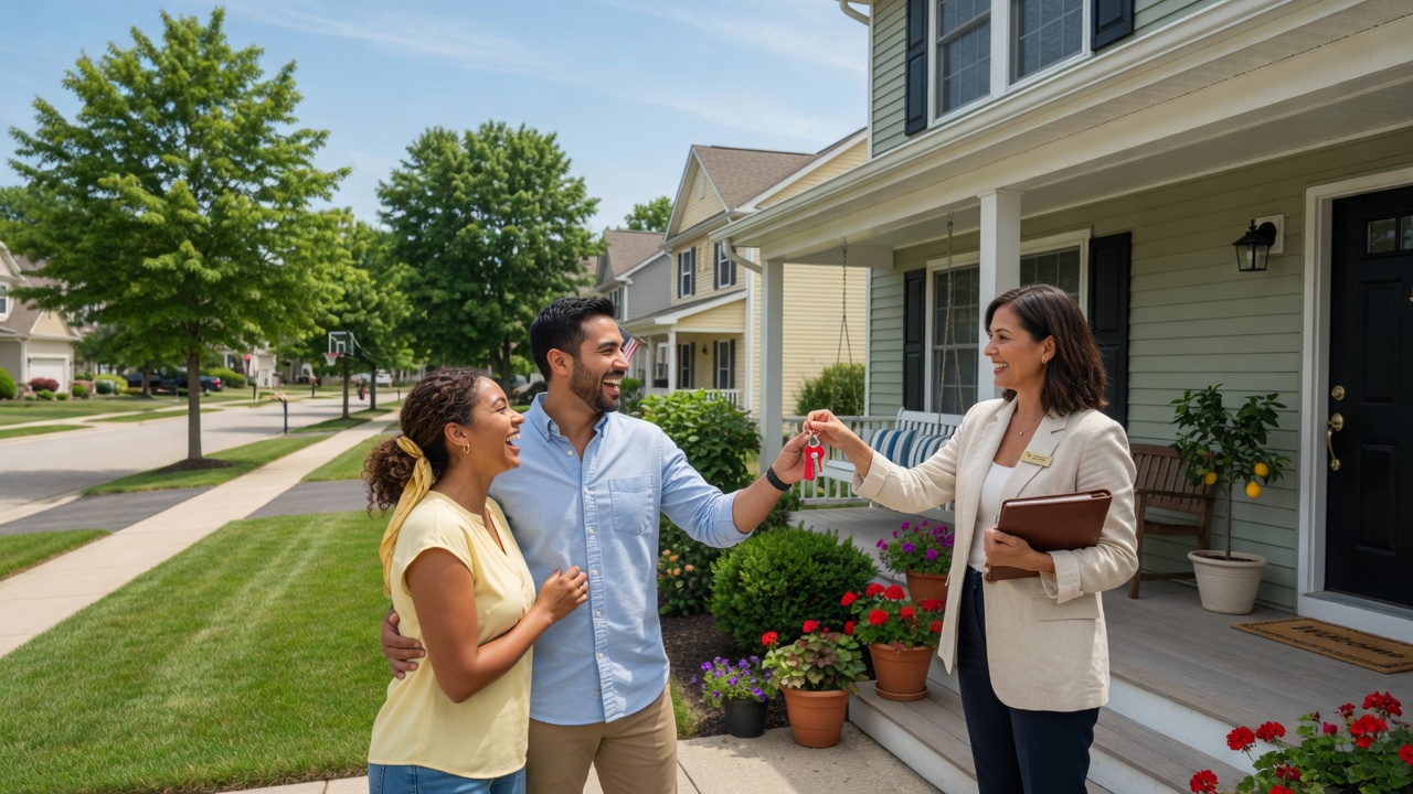 Happy young couple receiving house keys at the front door of their new suburban home