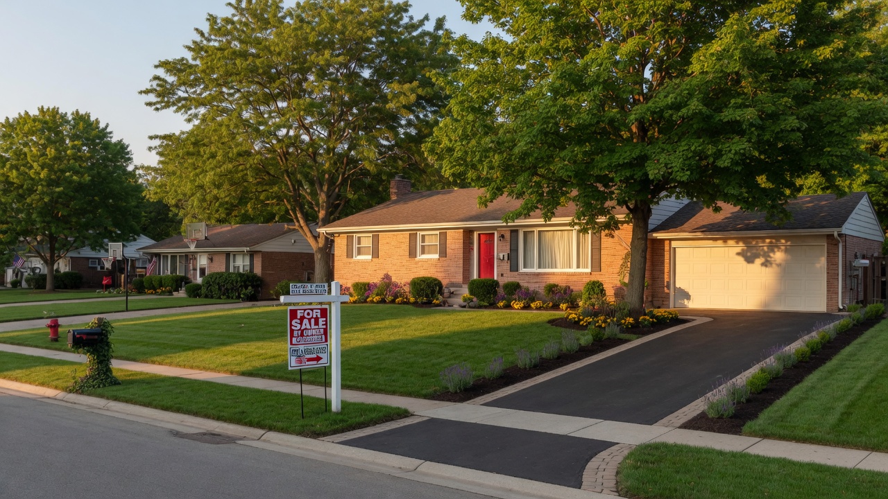 A well-maintained Michigan home with a For Sale by Owner sign in the front yard