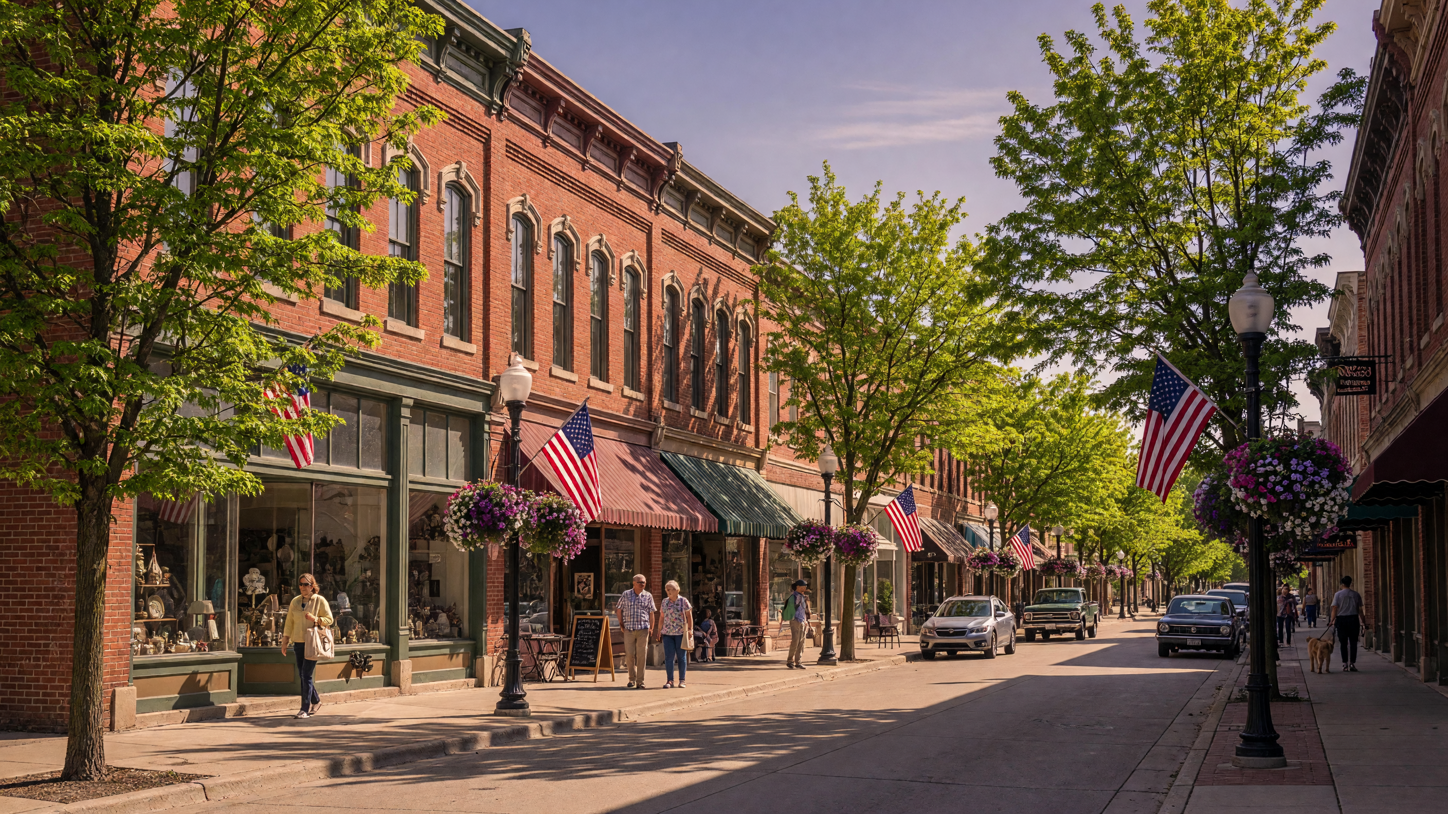 Historic downtown Owosso, Michigan with brick storefronts, American flags, and tree-lined streets on a sunny afternoon