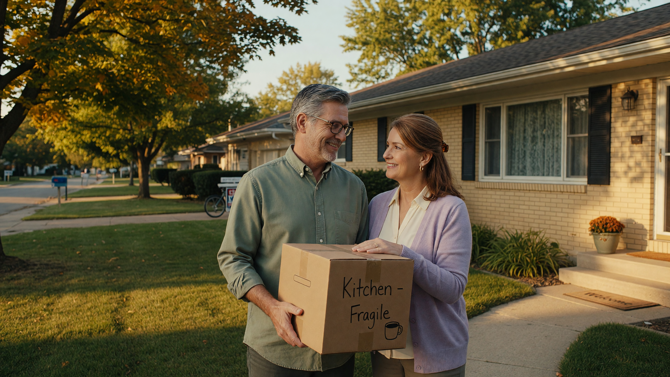 A mature couple standing in front of their home in a quiet Midwestern neighborhood, ready for a new chapter