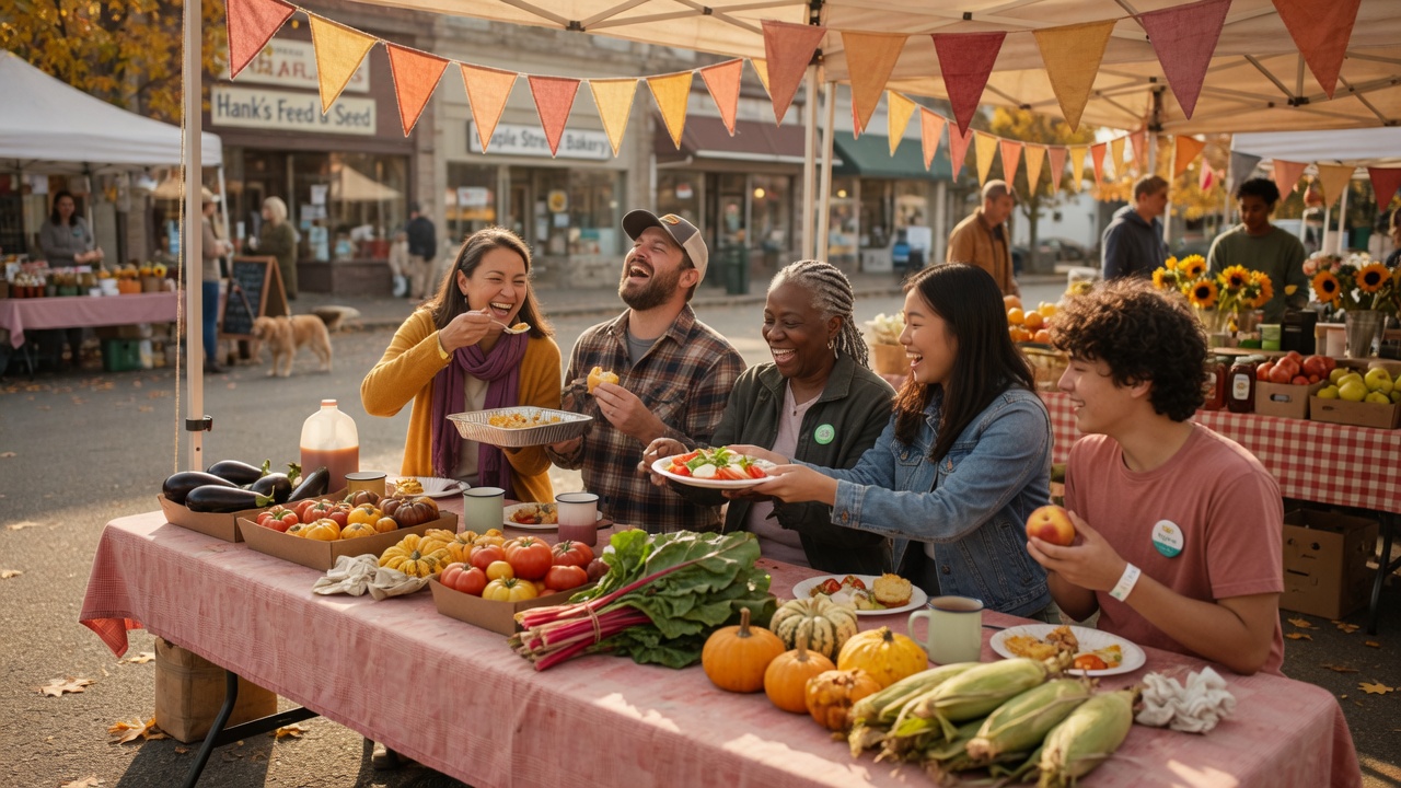 Community volunteers sharing food and conversation at a local outdoor market