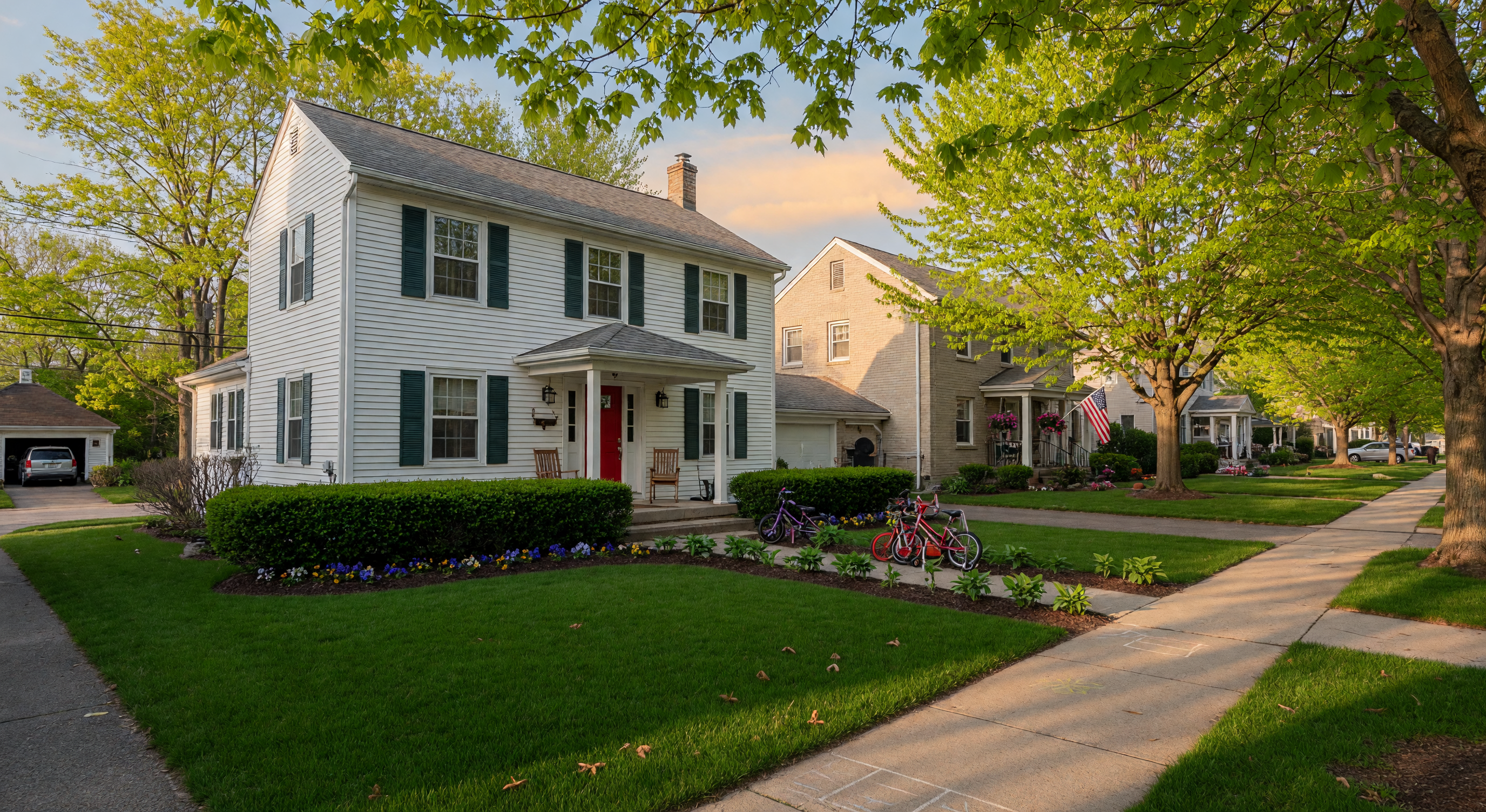 Tree-lined residential street with family homes in Grand Blanc, Michigan