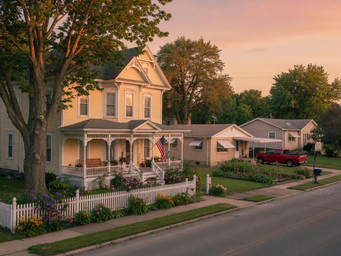 Charming residential street in Lapeer County with Victorian-era and modern homes, mature trees, and golden-hour light