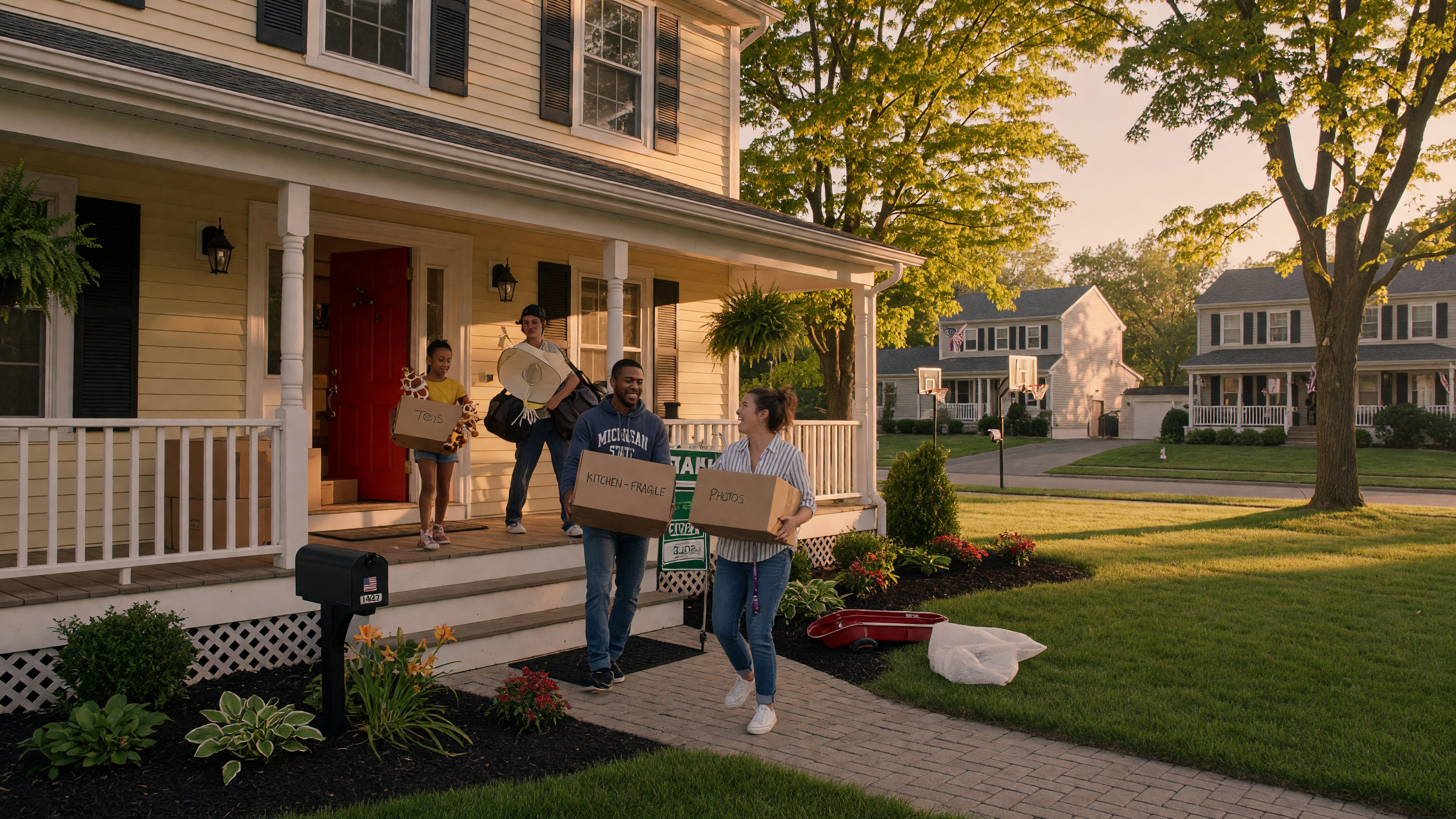 A family arriving at their new suburban home in Mid-Michigan, carrying moving boxes through the front door on a sunny afternoon