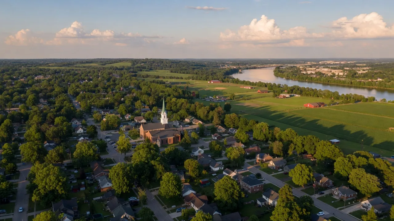 Aerial view of Saginaw County Michigan neighborhoods with tree-lined streets, residential rooftops, and surrounding farmland on a bright summer day