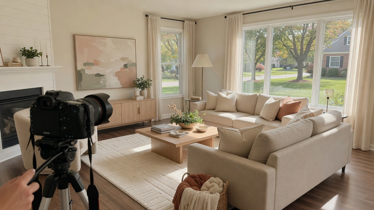 A beautifully staged living room photographed with professional lighting and composition for a real estate listing