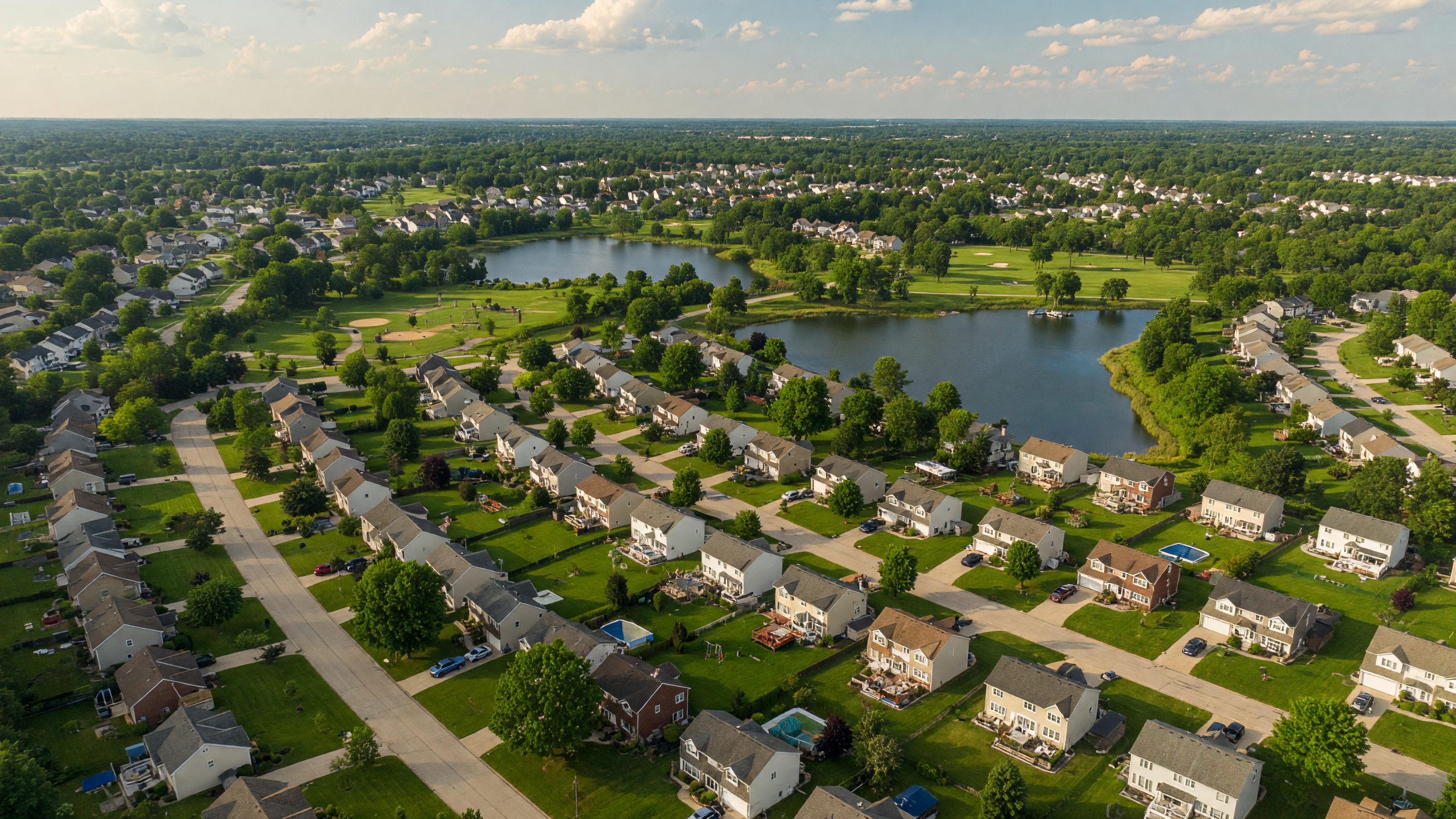 Aerial view of an Oakland County Michigan neighborhood with tree-lined streets, family homes, and lakes under a bright summer sky