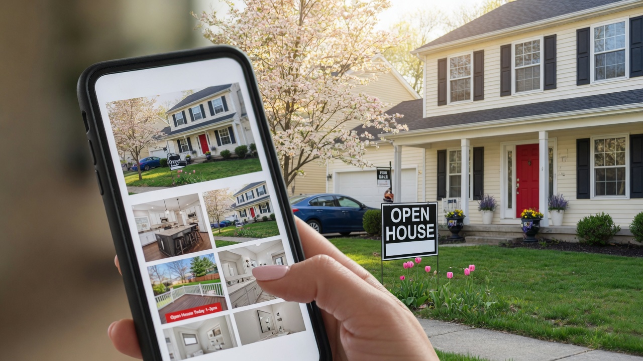 A modern suburban home with an open house sign viewed alongside a smartphone showing listing photos
