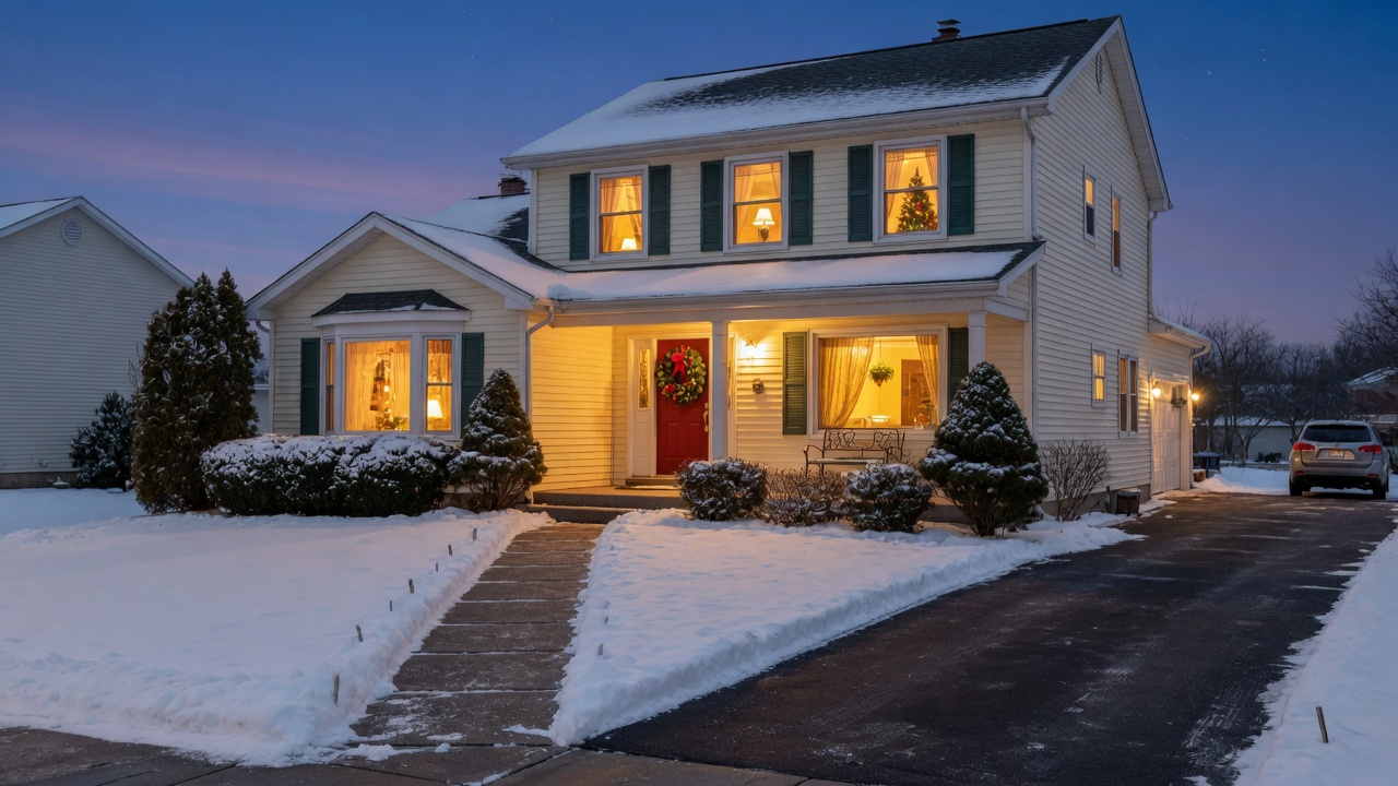 A charming Mid-Michigan home in winter with a freshly shoveled walkway, warm light from windows, and a tasteful wreath on the door