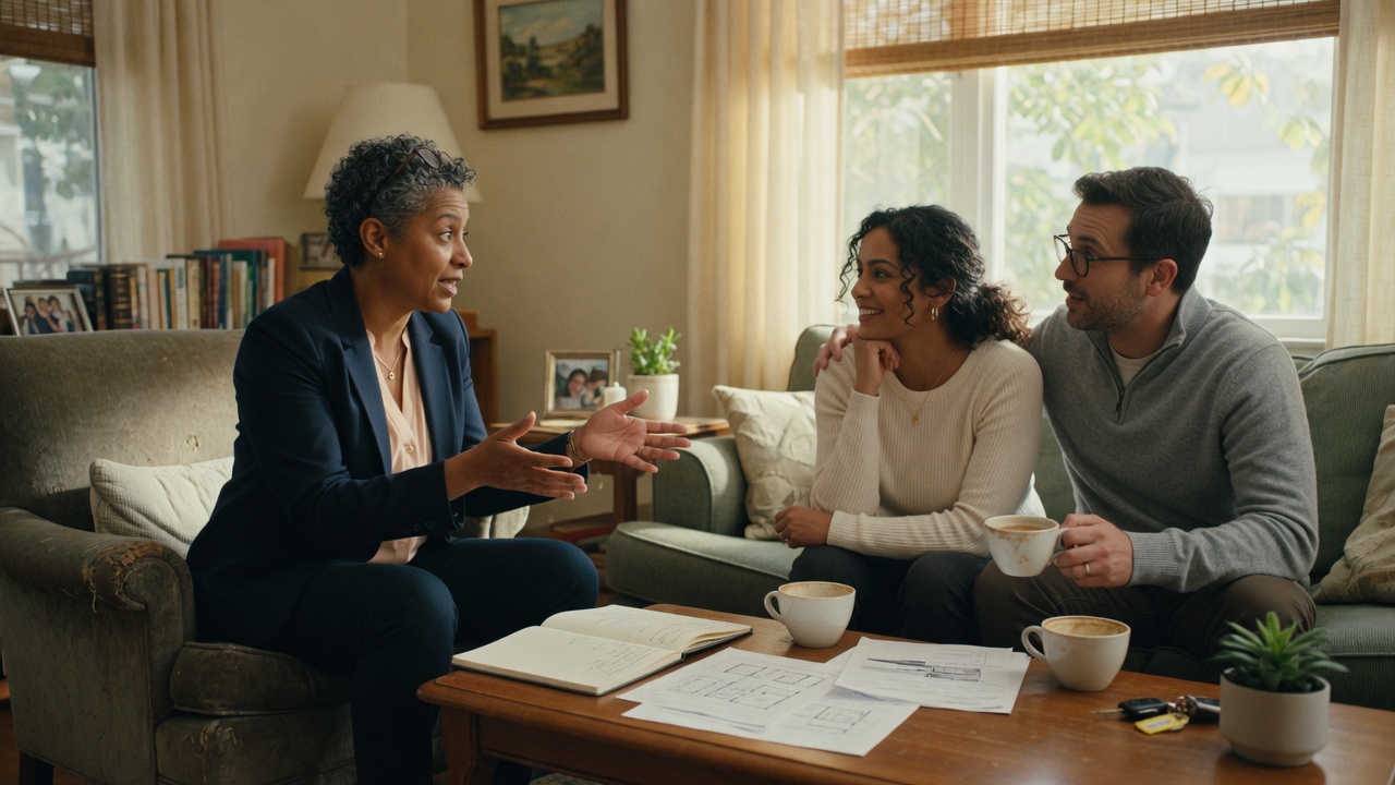 A real estate agent having a genuine, focused conversation with buyers at a kitchen table
