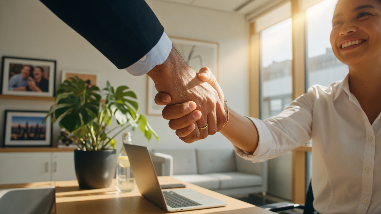 Warm handshake between two people symbolizing trust and professional partnership