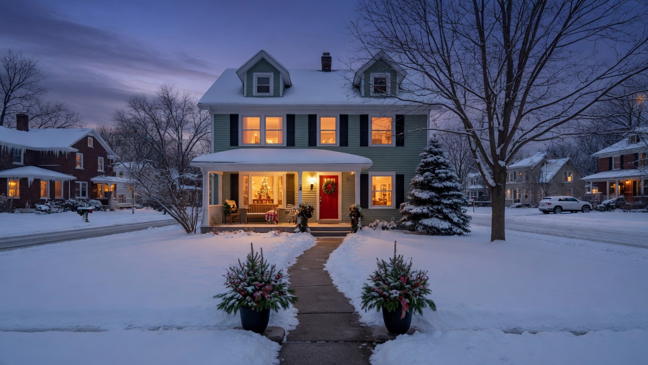 Charming Midwestern home in winter with warm light glowing from every window and snow-covered surroundings