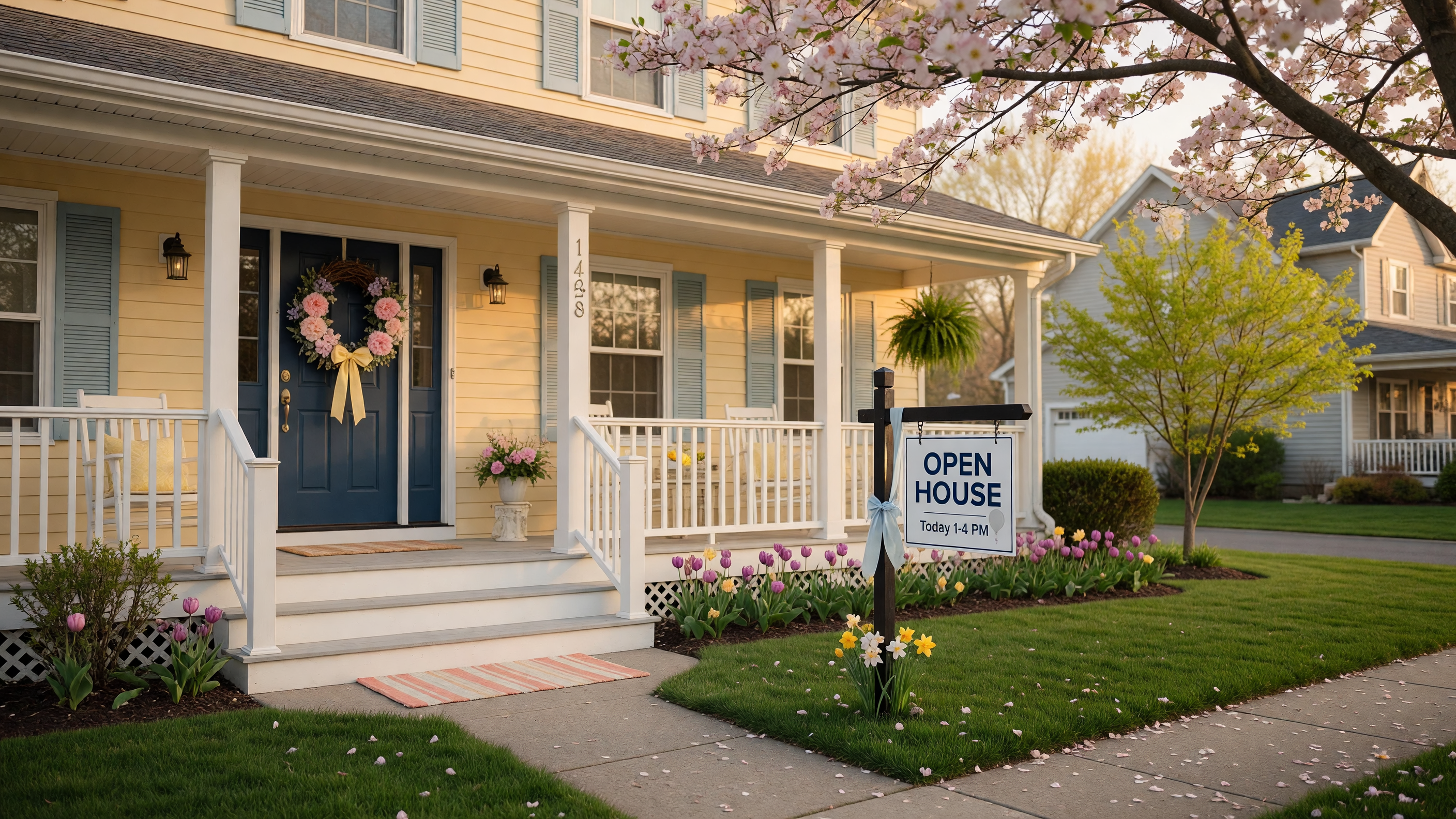A welcoming suburban home with an open house sign on the front lawn during a pleasant afternoon