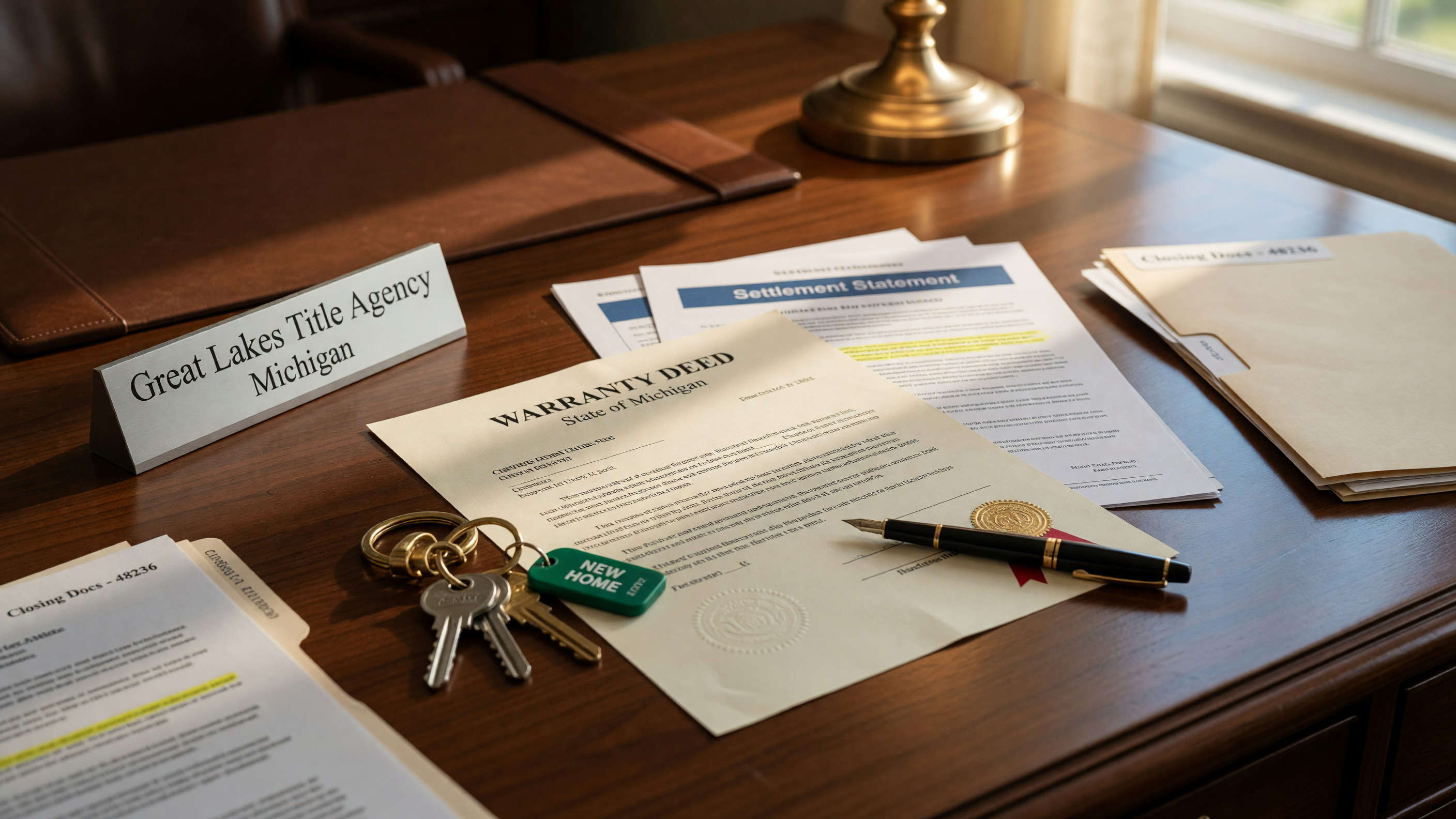Real estate closing documents with a warranty deed, keys, and pen on a polished desk