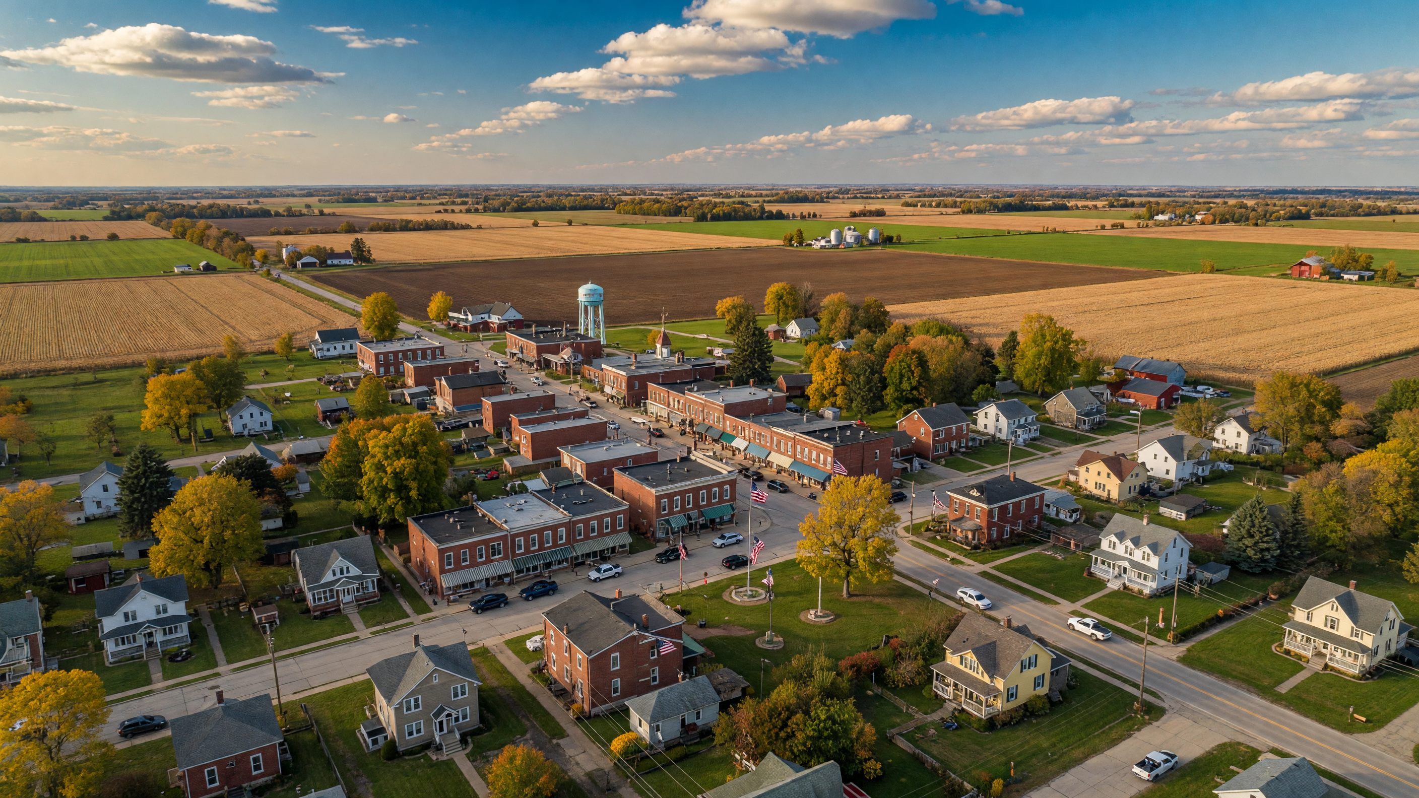 Aerial view of a charming rural Michigan small town in the Thumb region with brick storefronts and golden autumn trees