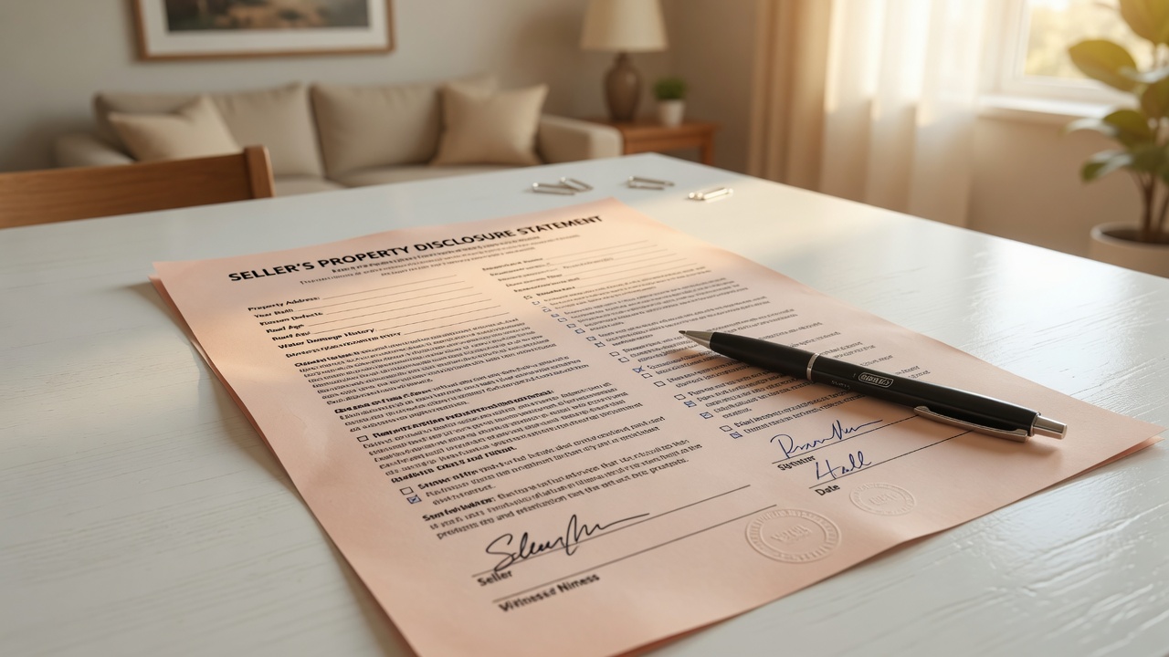 A seller's disclosure document on a clean desk with a pen beside it, ready for signature