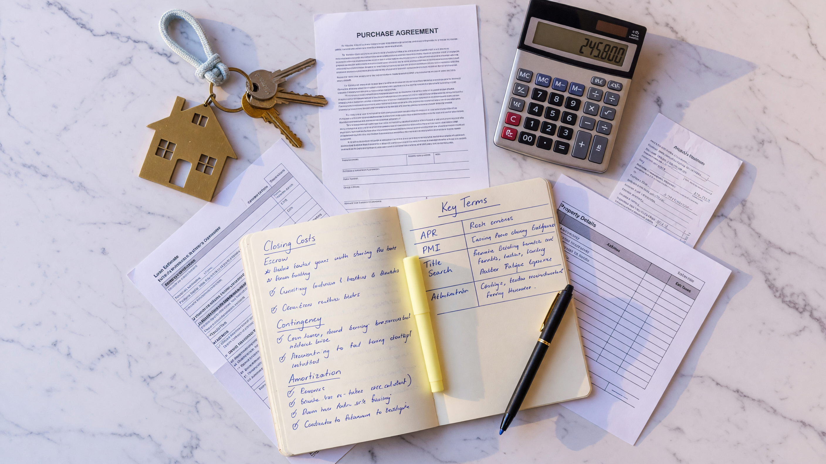 Real estate documents, keys, and a calculator on a bright surface representing a glossary of terms