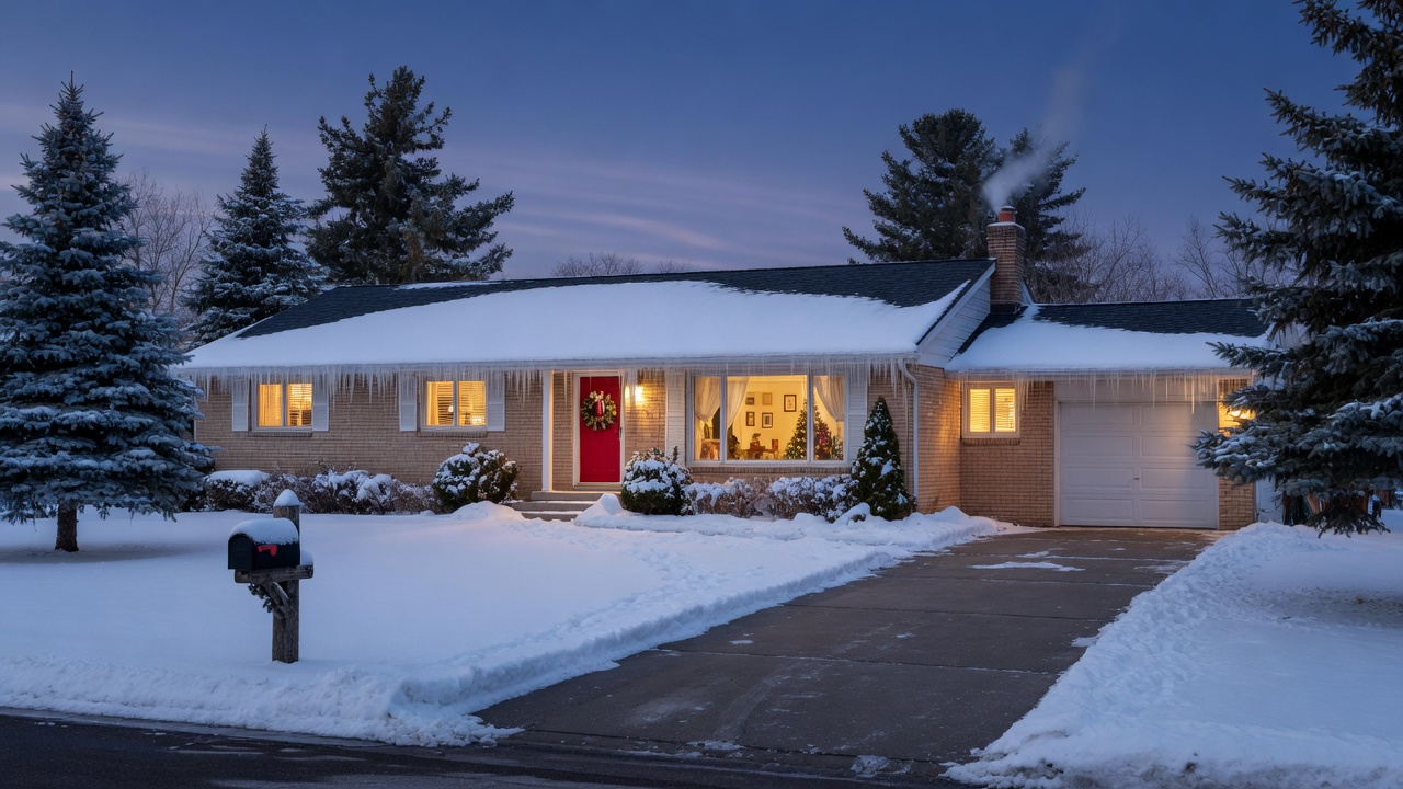 A well-maintained Michigan ranch home in winter with fresh snow, icicles, cleared driveway, and warm light from windows