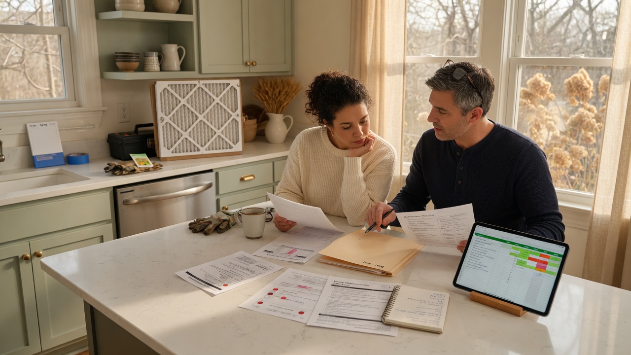 A homeowner reviewing household expenses and maintenance paperwork at a kitchen table