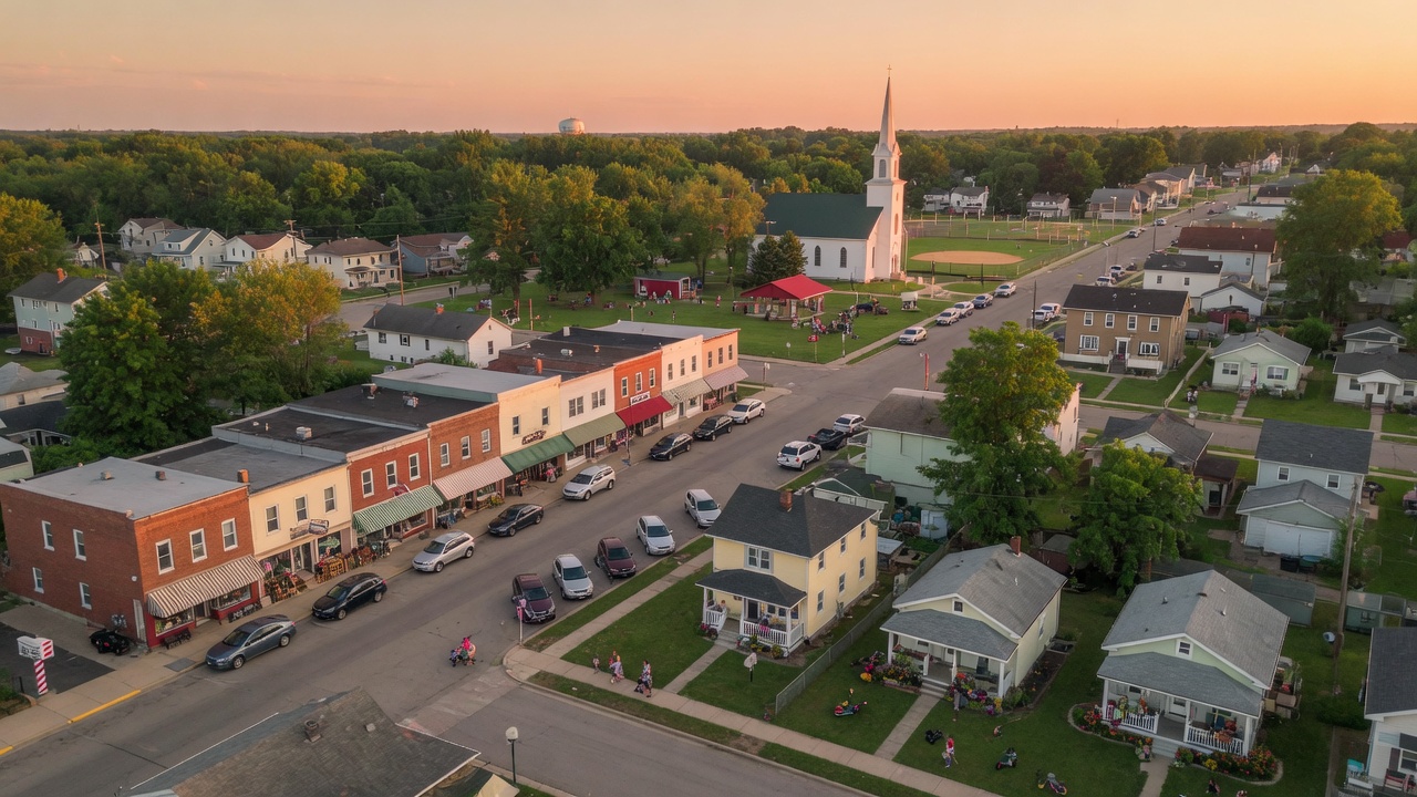 Aerial view of a charming Mid-Michigan small town with main street shops, homes, and mature trees