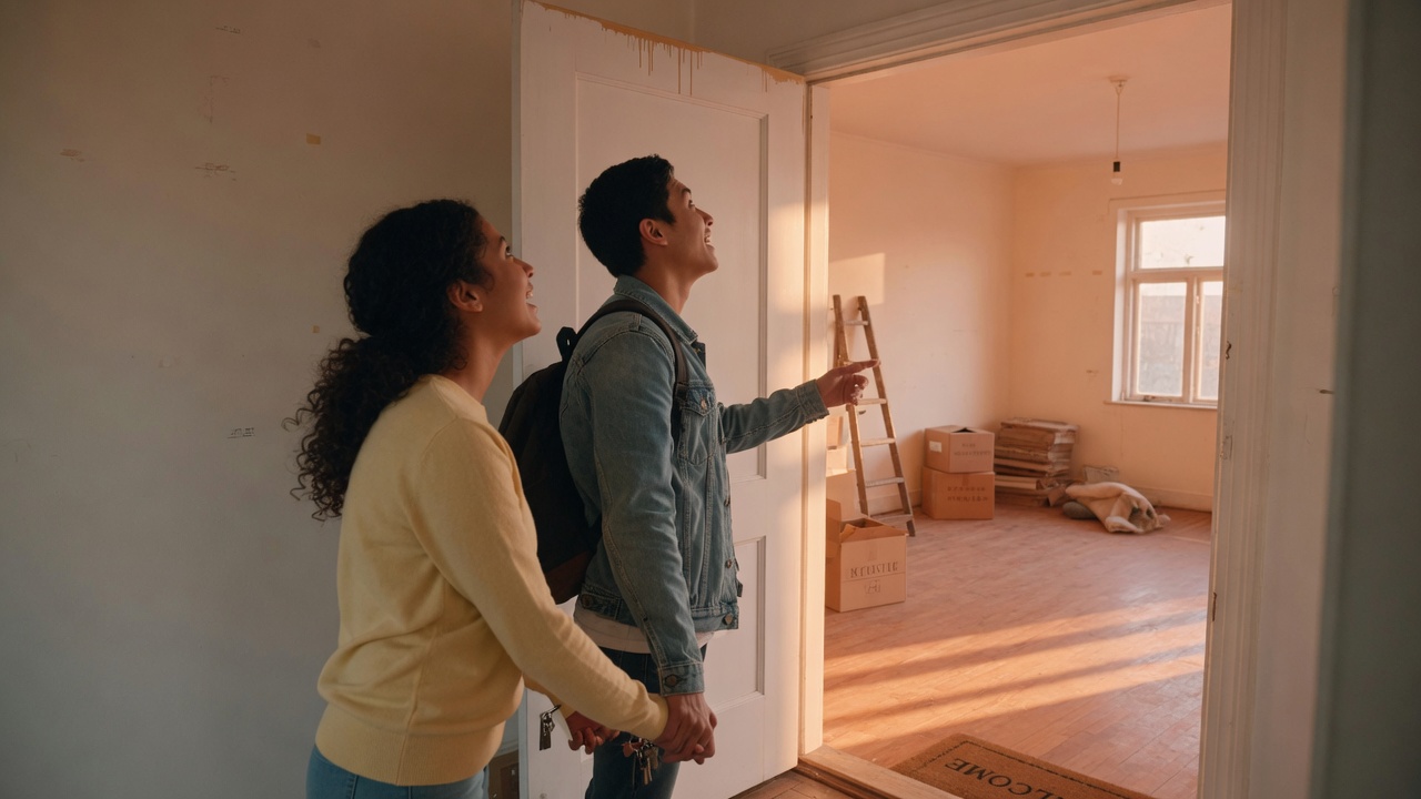A young couple standing in the doorway of their new home holding hands, looking inside with expressions of wonder and excitement
