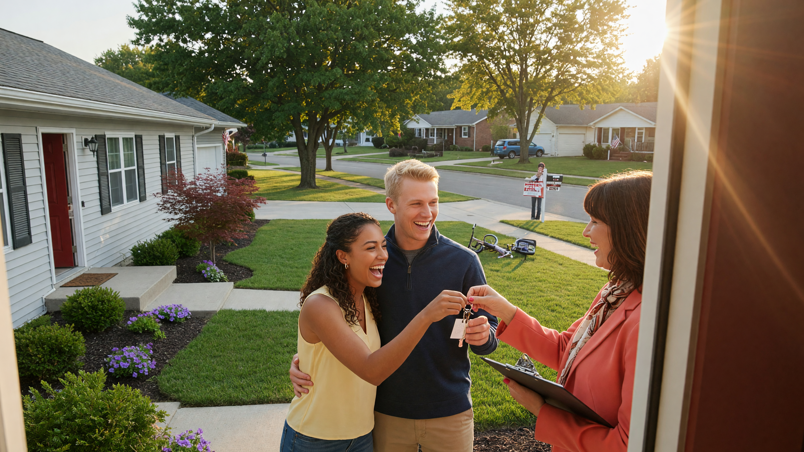 Happy couple receiving house keys in the doorway of their new suburban home