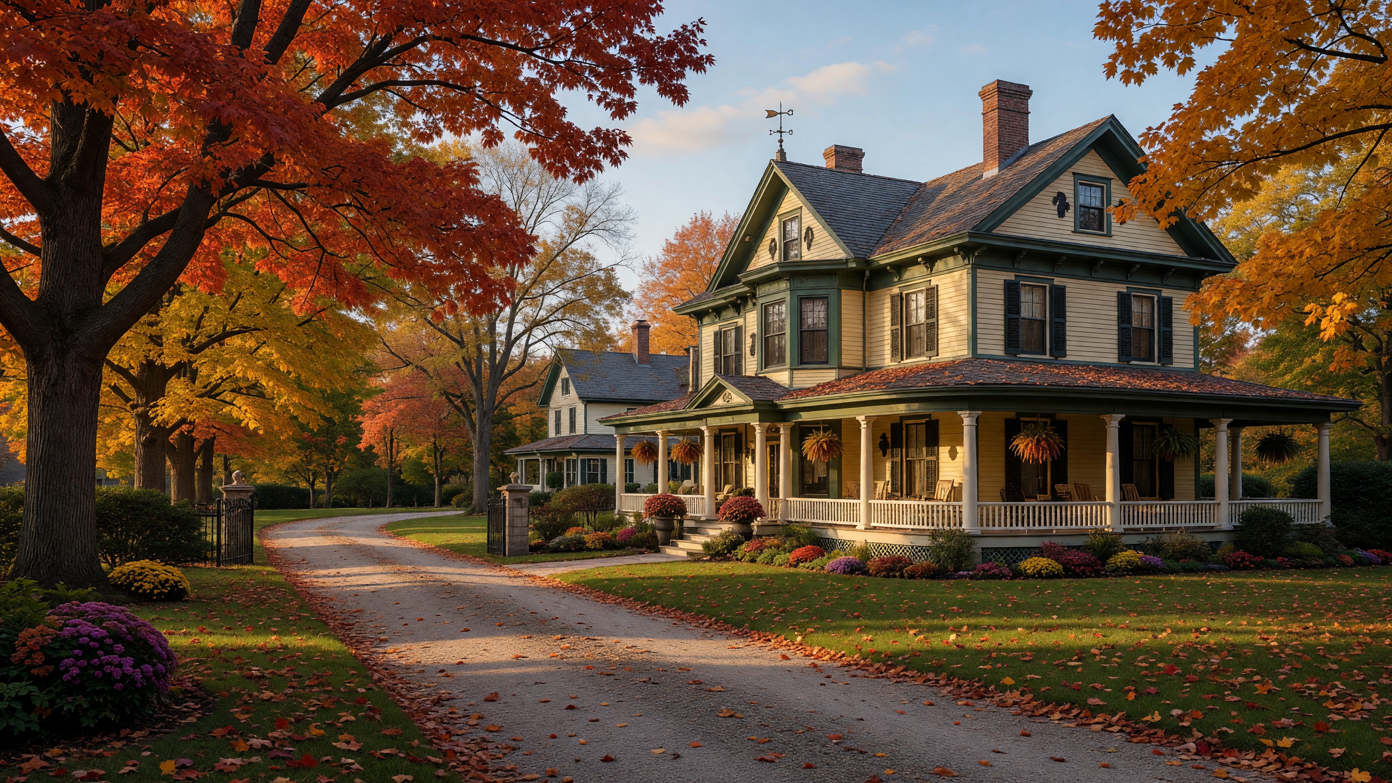A stately historic estate home surrounded by mature trees and colorful fall foliage in Michigan