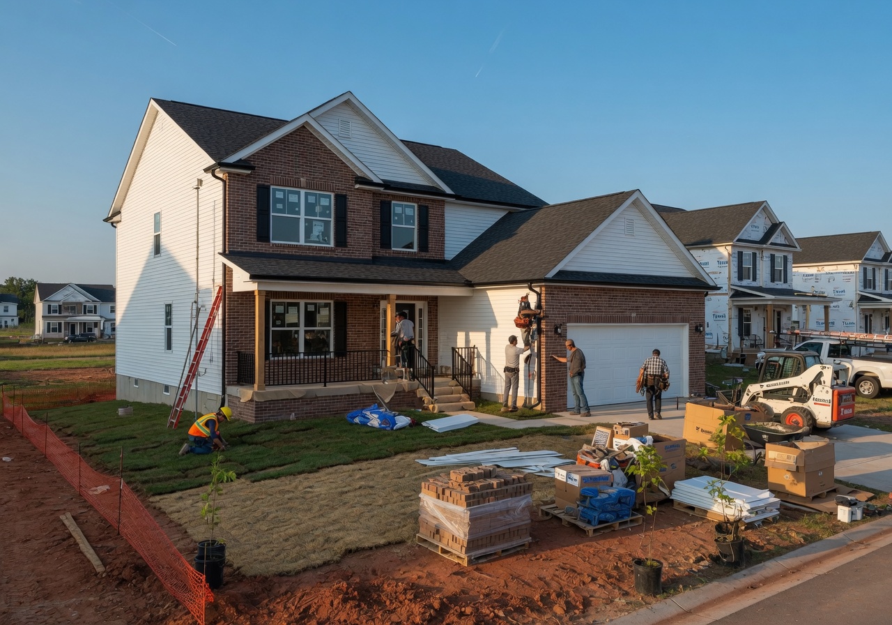 New construction home being built with a builder crew working on the exterior