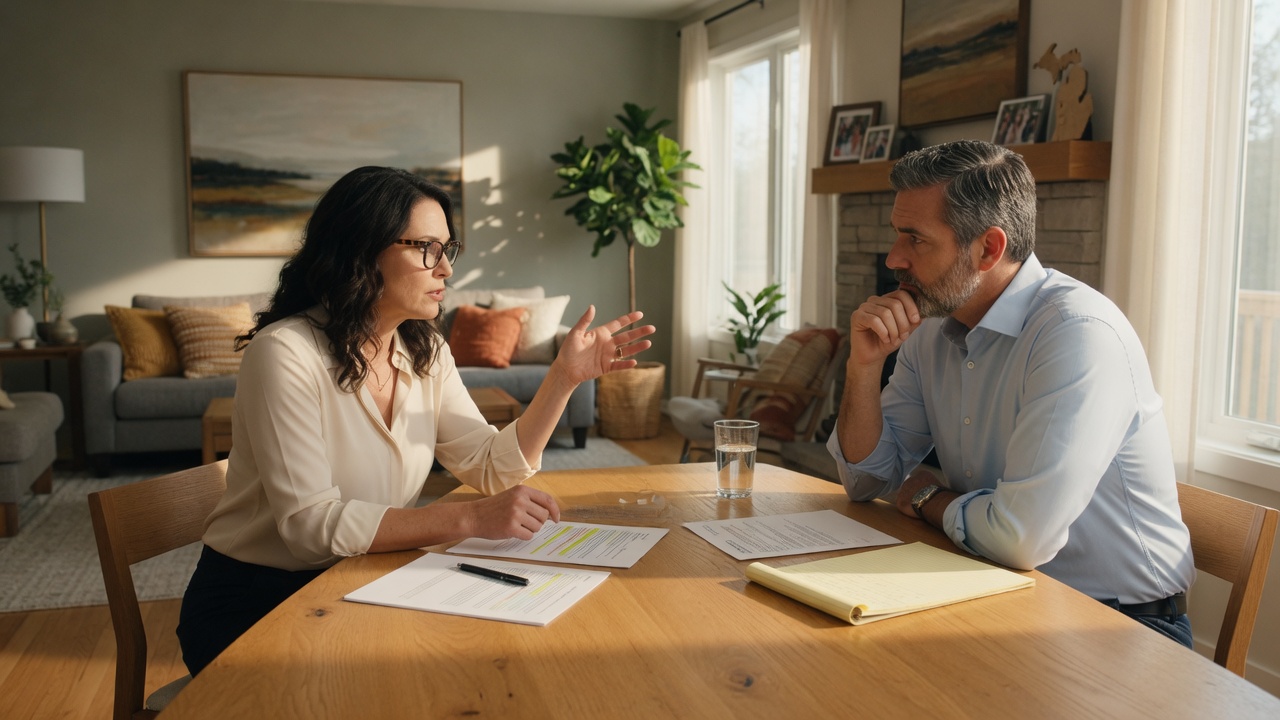 Two people engaged in a negotiation conversation at a dining table in a bright, modern home