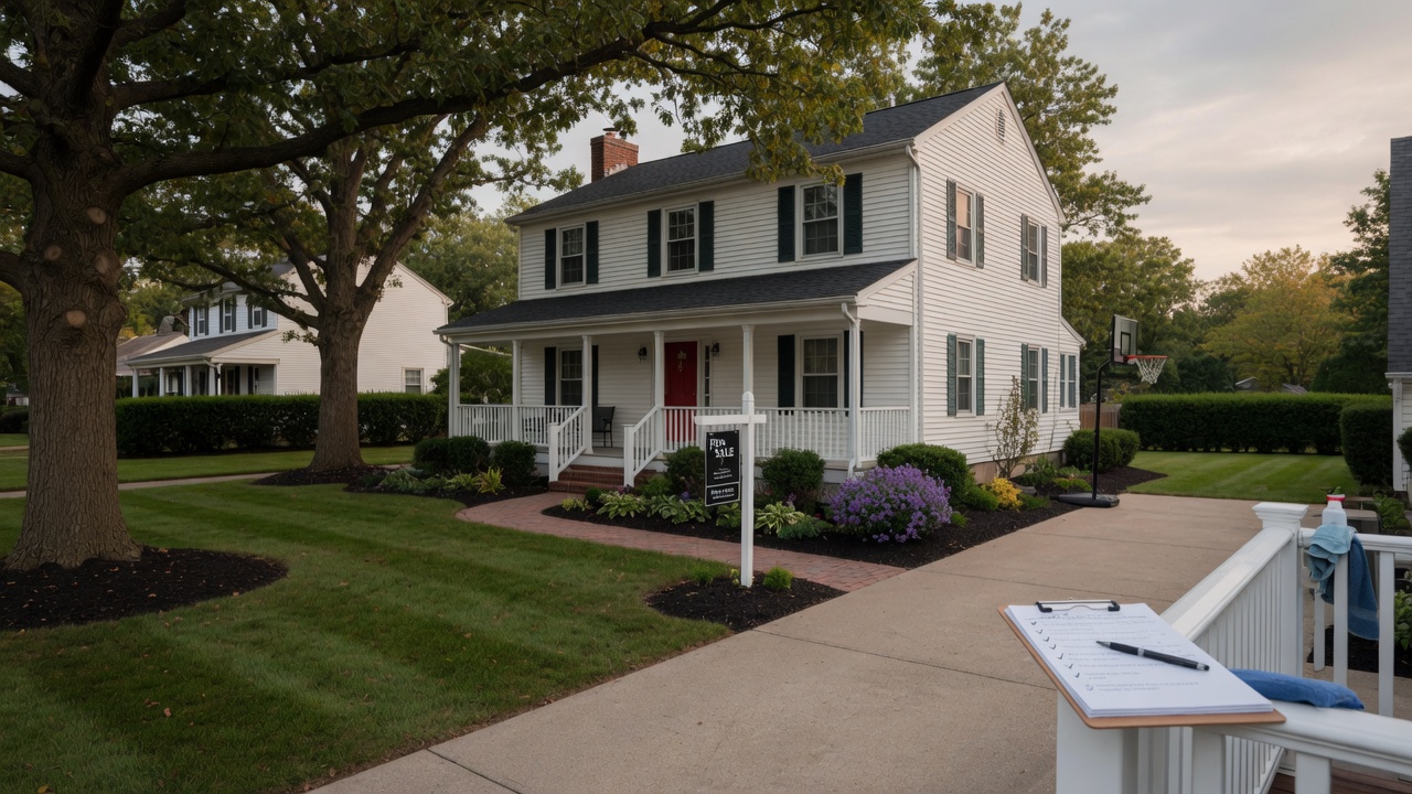 A well-maintained Mid-Michigan home exterior with landscaping and a For Sale sign, photographed in warm afternoon light