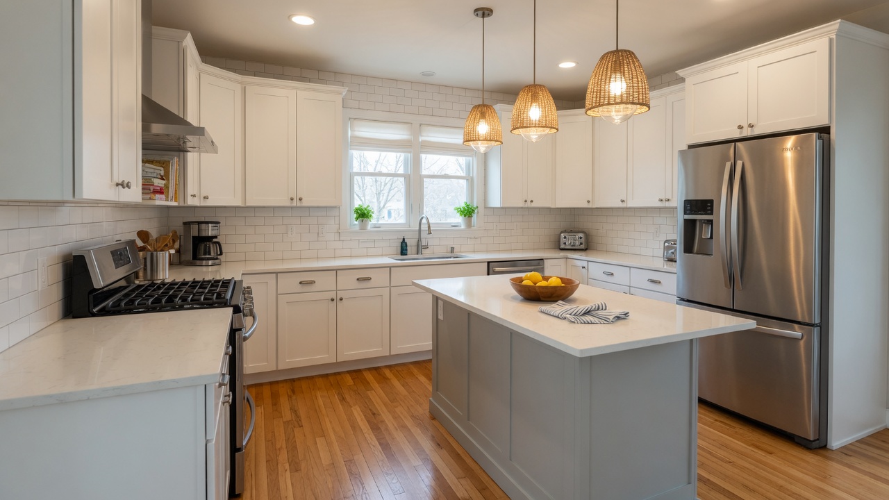 A beautifully remodeled modern kitchen with white shaker cabinets, quartz countertops, and warm pendant lighting