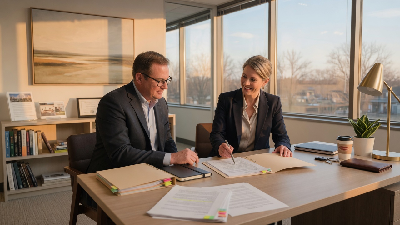 A professional real estate agent and client reviewing documents together in a modern office