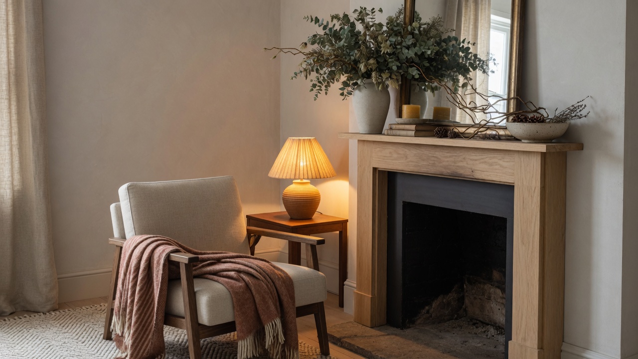 A beautifully staged living room with layered lighting, textured throws, and warm ambient glow