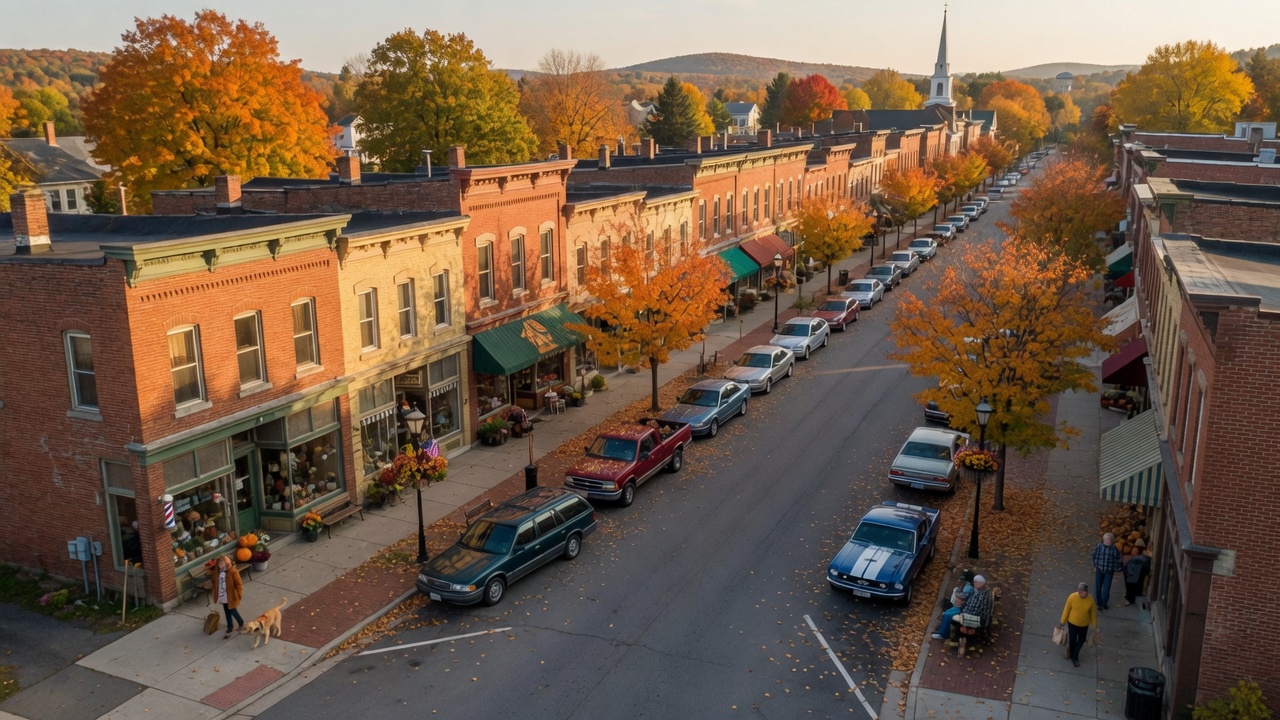 A charming small-town Main Street lined with historic brick storefronts and mature autumn trees