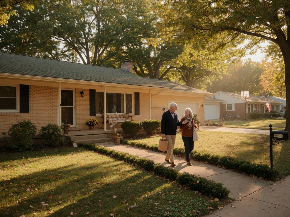 A mature couple standing in front of their home in a quiet Midwestern neighborhood, ready for a new chapter