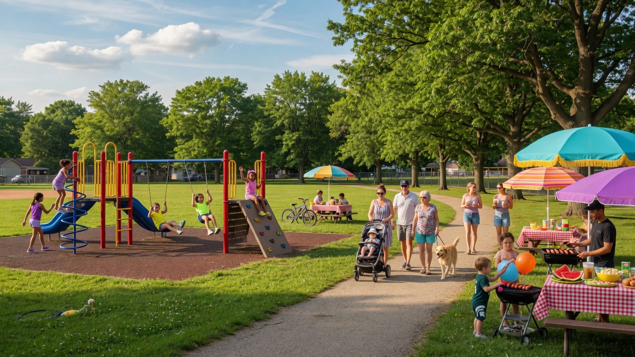 A vibrant summer scene of a community park with families enjoying outdoor activities on a warm sunny day with playground and green lawns
