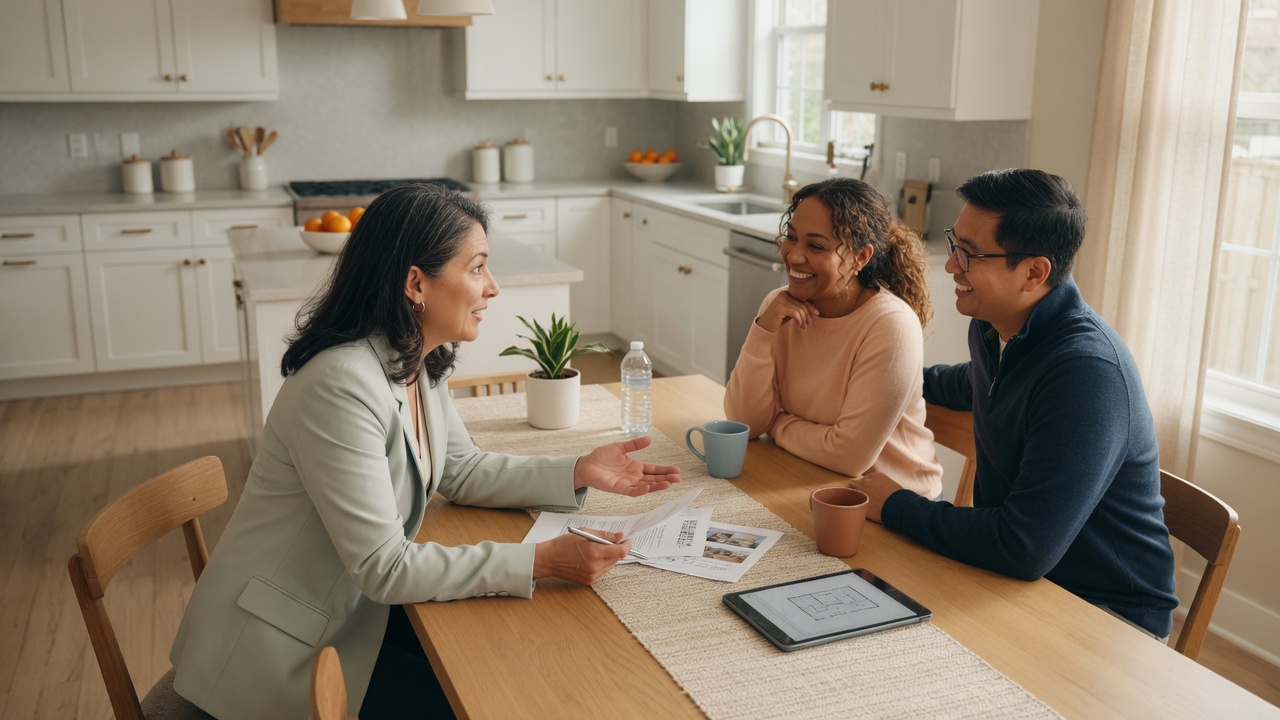 A real estate agent having a focused, friendly conversation with clients at a kitchen table