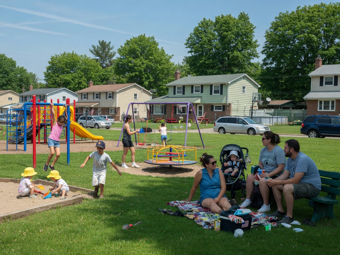 Families enjoying a park in a suburban Michigan community on a sunny summer day