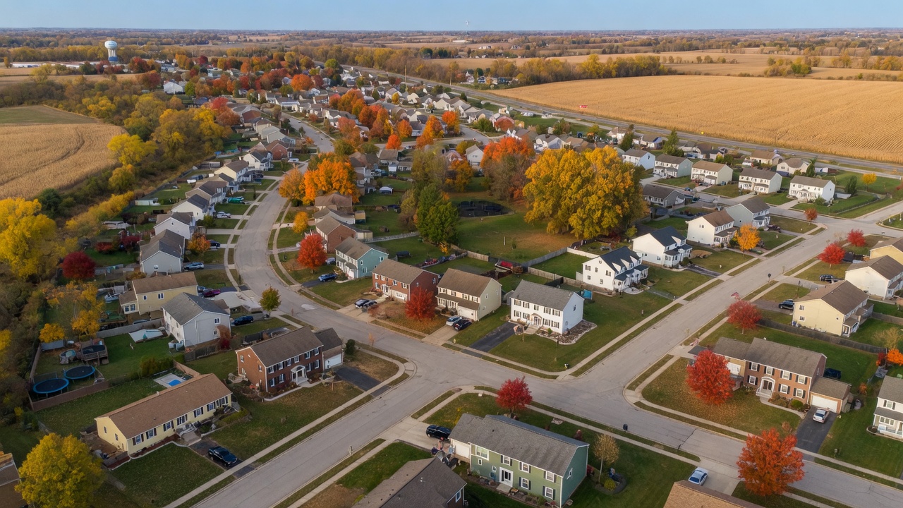 Aerial view of Mid-Michigan neighborhoods showing tree-lined streets and residential communities