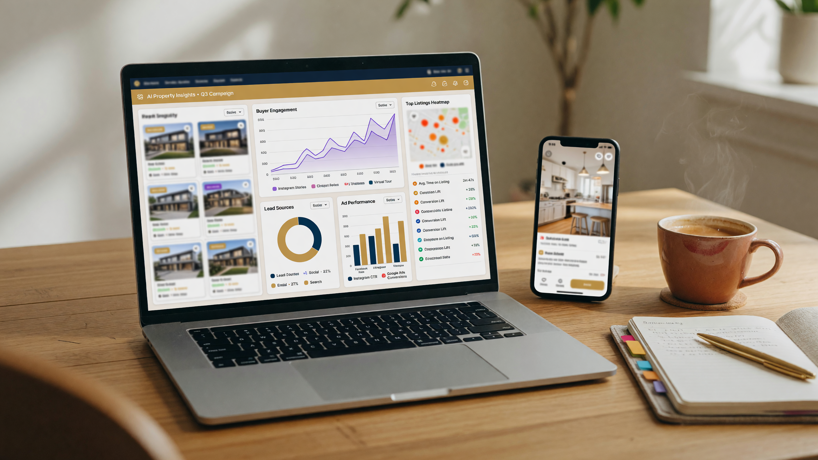 A modern real estate workspace showing AI-powered market analytics on a laptop screen with property pricing data and buyer engagement charts